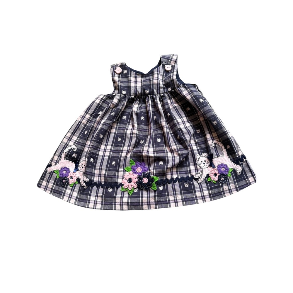 Girls 12M‎ Purple Plaid Jumper Dress Cat Applique Cats Flowers vintage